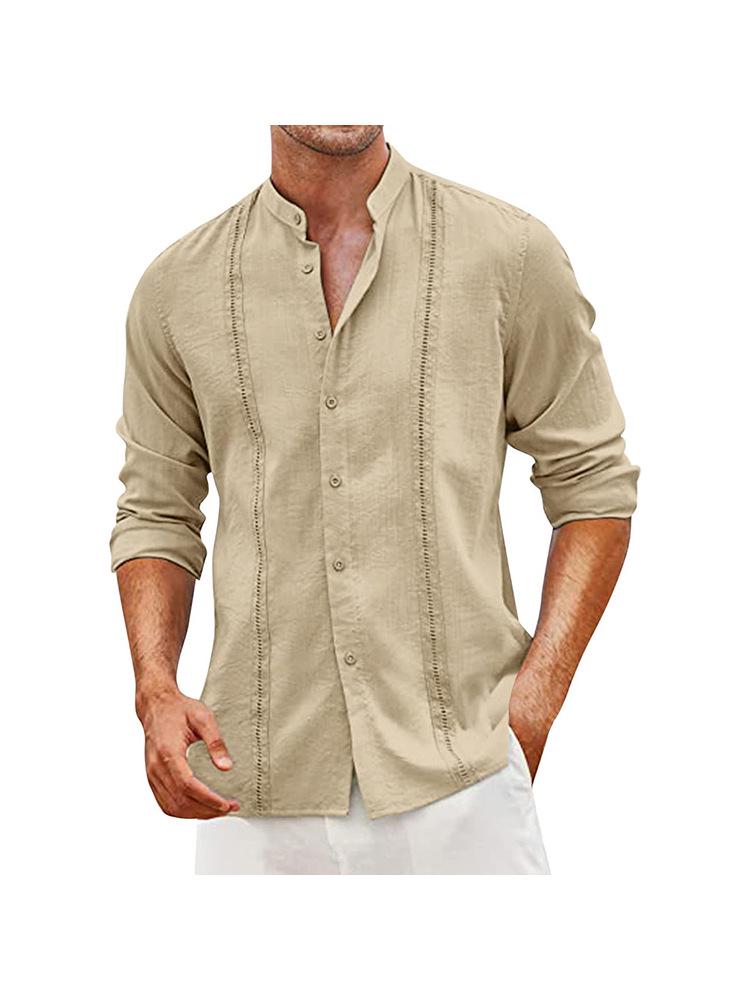 Men's Casual Cotton Linen Stand Collar Shirt - European & American Style for Summer Beach Vacation 2023