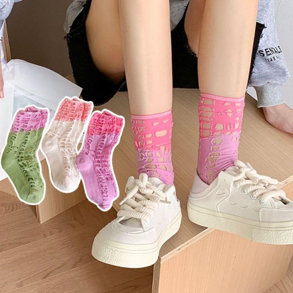

Glass Silk Ripped Tube Socks Stockings Women s Socks Fashion Hollow Mesh Socks Female 3Pairs