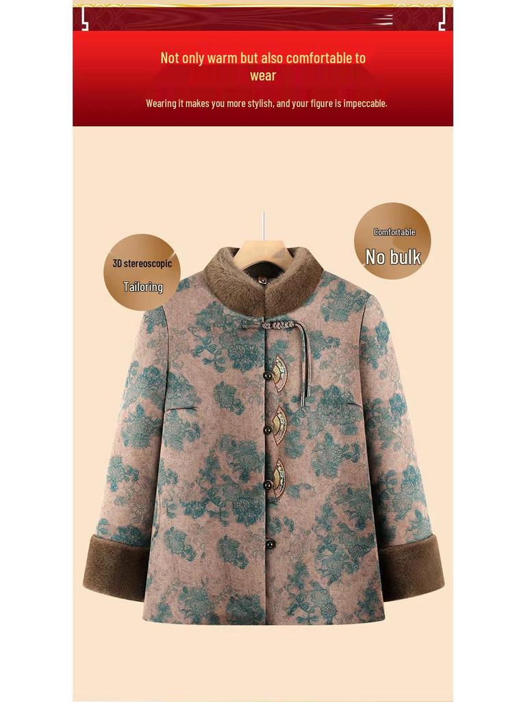 Warm Fleece-Lined Cotton Jacket for 70-Year-Old Women Grandma Tang Style