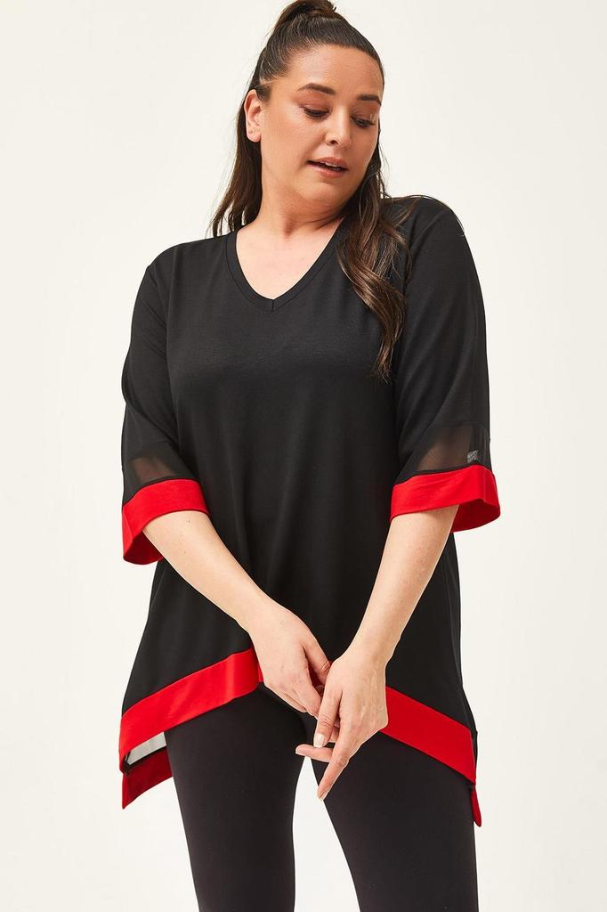 Women's Big Size Blouse Plus Size Black-Green Blouse with Tulle Detail On Sleeves and Skirt