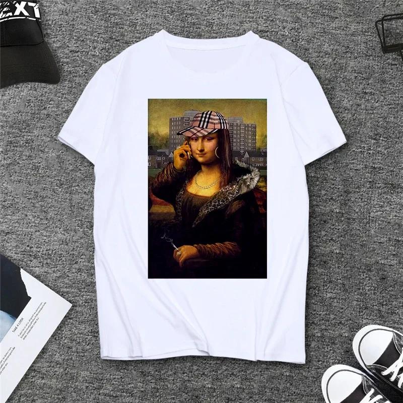 Summer Spoof Mona Lisa Drink Beer Print T Shirts Women Aesthetics Funny Casual Short Sleeves Tops Female Sleeved Harajuku