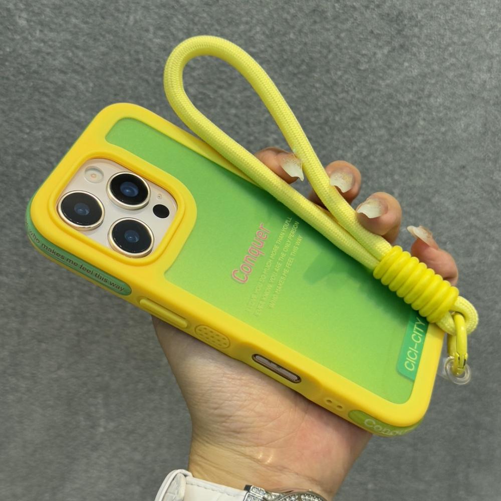 Candy Contrast Color Laser Wrist Strap Case For iPhone 14 15 16 17 Pro Max Frosted IMD Anti-Loss Cord Lanyard Soft Bumper Cover