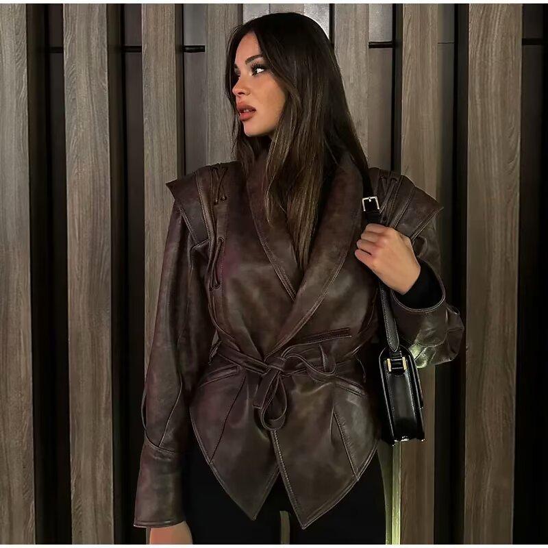 Chaqueta de calle de otoño para mujer, chaqueta corta con cordones, elegante, con cuello en V, manga larga, cálida