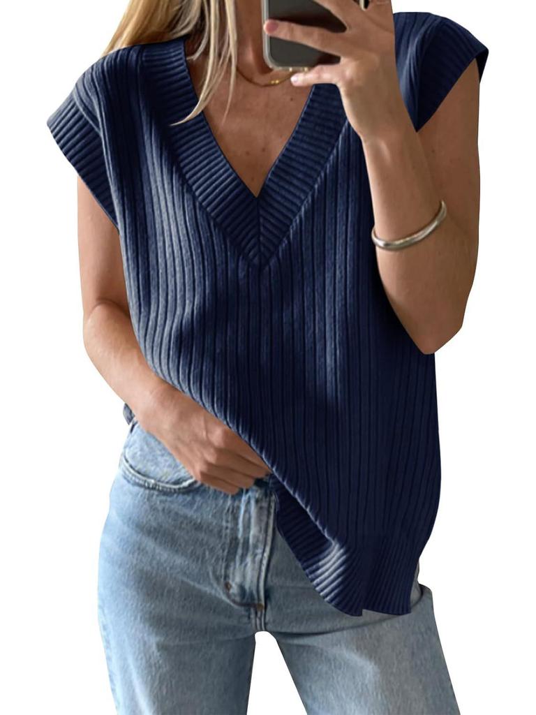 2025 New European & American Women's V-Neck Short-Sleeve Knitted Top - Versatile Loose Sweater In Solid Color