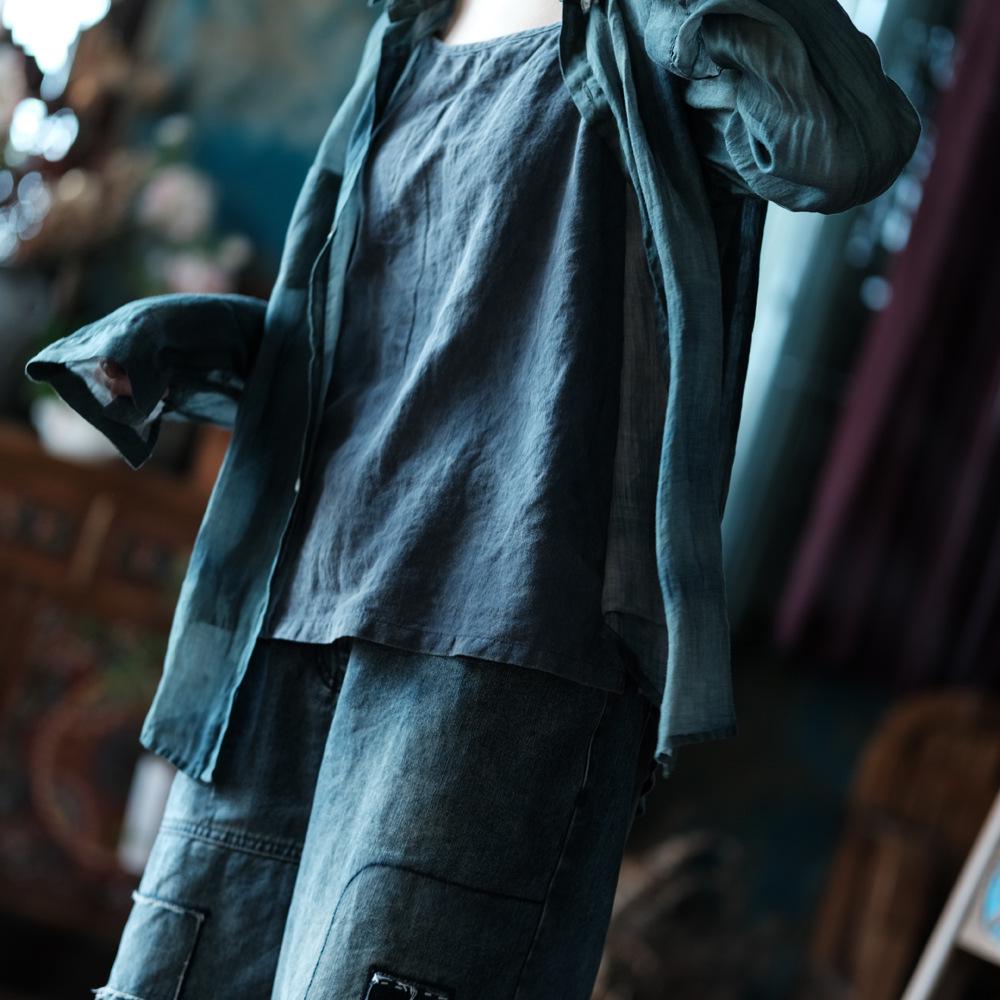 Luo Gu Ni Retro Washed Linen Loose Cardigan Shirt - Artistic Design, Light Shallow