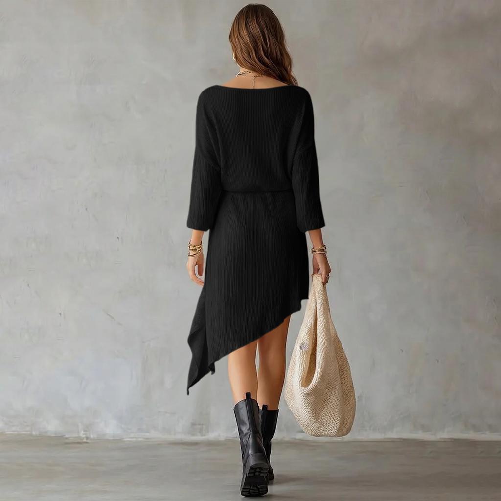 Women's Loose Fit Wrap V-Neck Knit Short Dress with Three-Quarter Sleeves and Irregular Hem