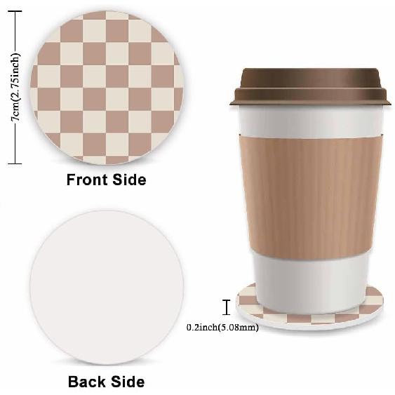 Khaki Checkered Steering Wheel Cover For Women,Universal Auto Steering Wheel 14-15 Inch Car Interior Accessories With 2PCS Car Coasters,Suitable For