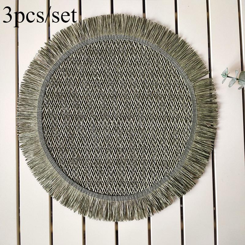 

3 шт./комплект, бумажные плетеные круглые салфетки ручной работы, нескользящие, термостойкие, подставки под тарелки для обеденного стола, домашний декор с кисточкой по краю
