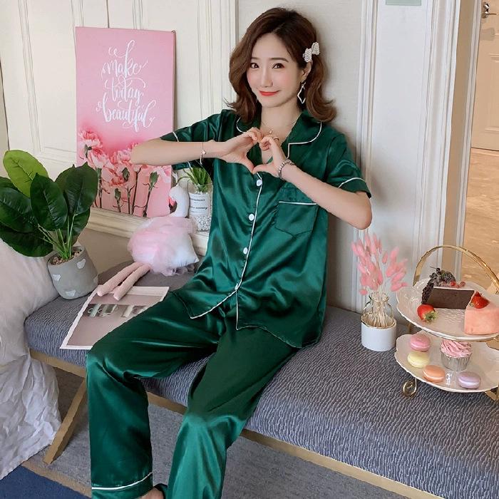 Women’s 2024 Spring/Summer Ice Silk Plaid Pajamas - Long-Sleeved Two-Piece Set