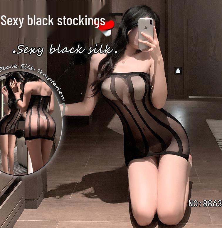 Drunk Cellar Sexy Fishnet Lingerie: European & American Style Hollow Out Bandeau with Removable Open Crotch Bodysuit Set.