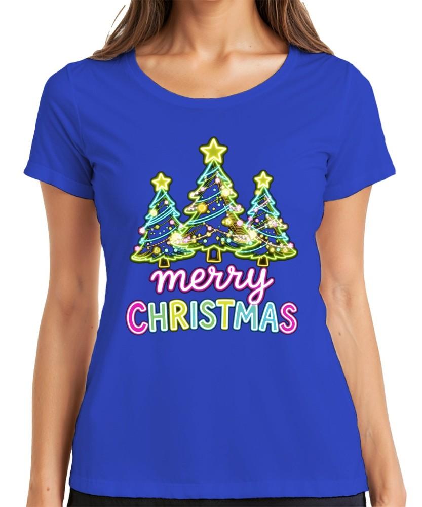 Merry Christmas Neon Christmas Trees Light Up Font Retro Gift Ladies TShirt