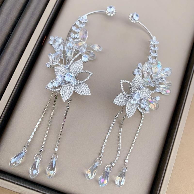 Crystals Bridal Headband with Forehead Chain Adjustable Wedding Crown/Ear Hangers Jewelry for Photography and Ceremony