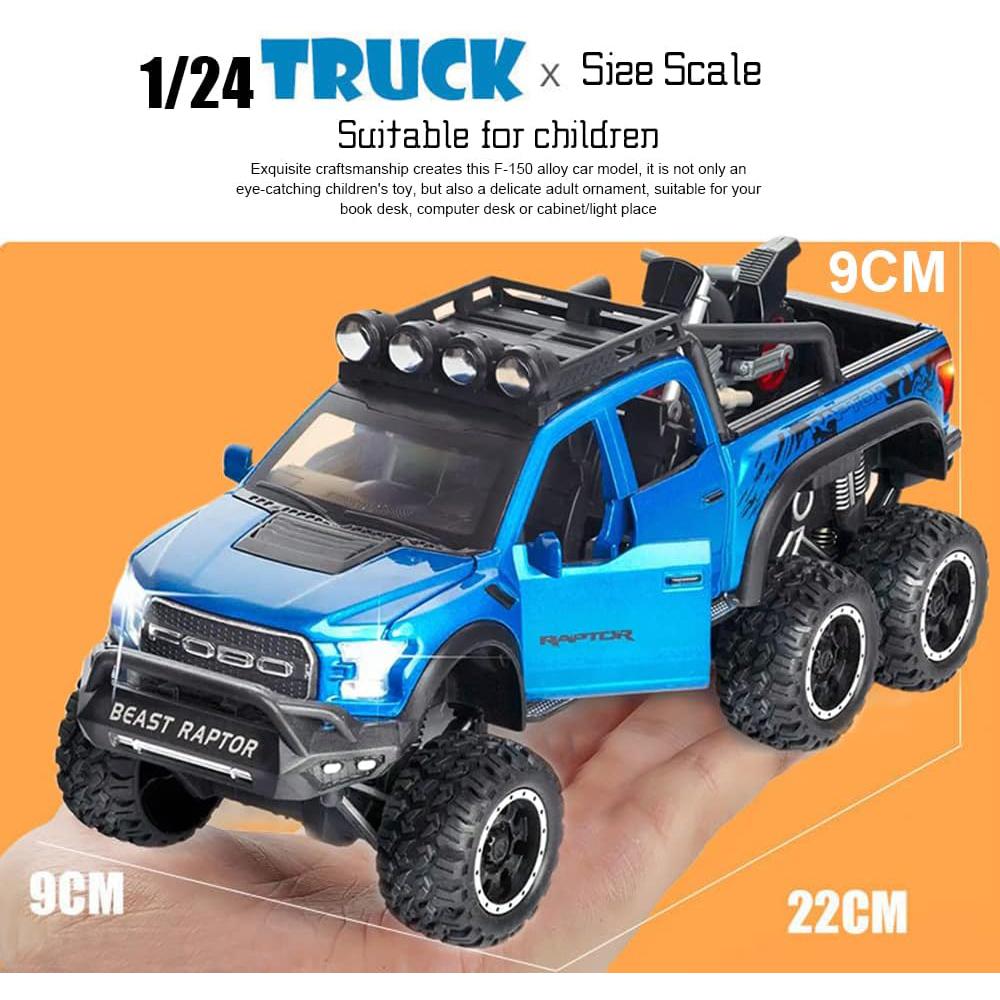 1/24 Scale Toy Pickup Trucks, Truck Toy, Ford F150 Diecast Metal Pickup with Sound and Light, 6x6 Off-Road Pull Back Trucks with Motorcycle for Kids