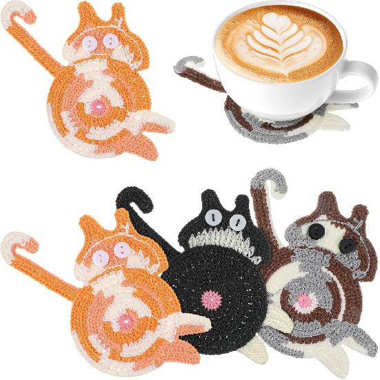 3PCS Cute Cat Coasters, Knitted Cat Butt Coasters, Creative Woven Coaster Set for Drinks Tea and Coffee, Funny Cats Gift Desktop Gifts for Cats