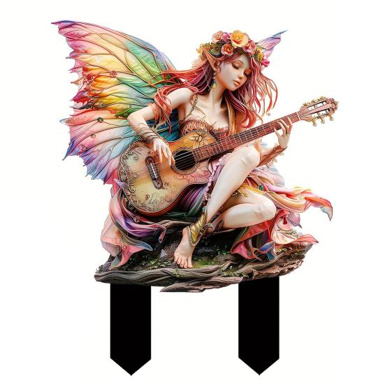 Guitarist Fairy Garden Stake 2D Acrylic Fairy Tale Yard Art Stake Waterproof Flower