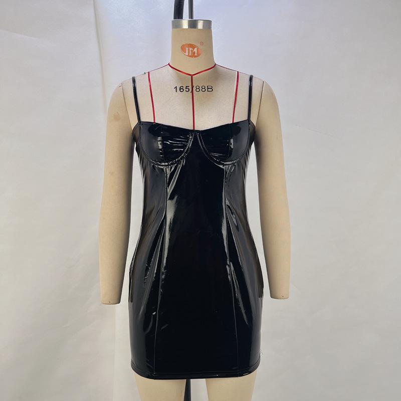 European and American Women's Sexy PU Suspender Dress - Slim Fit Hip Skirt