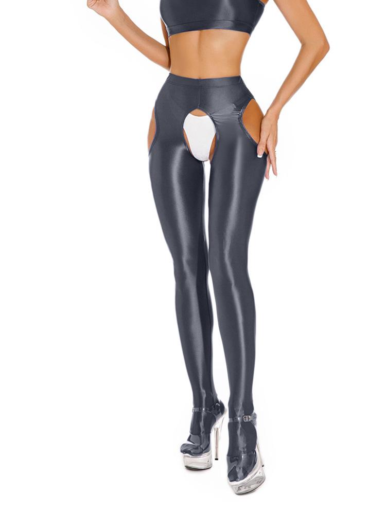 Sexy Satin Oil Shiny Pencil Pants Elastic Hollow Out Tight Sheer See Through Leggings Dance Candy Color Leotard Crotchless
