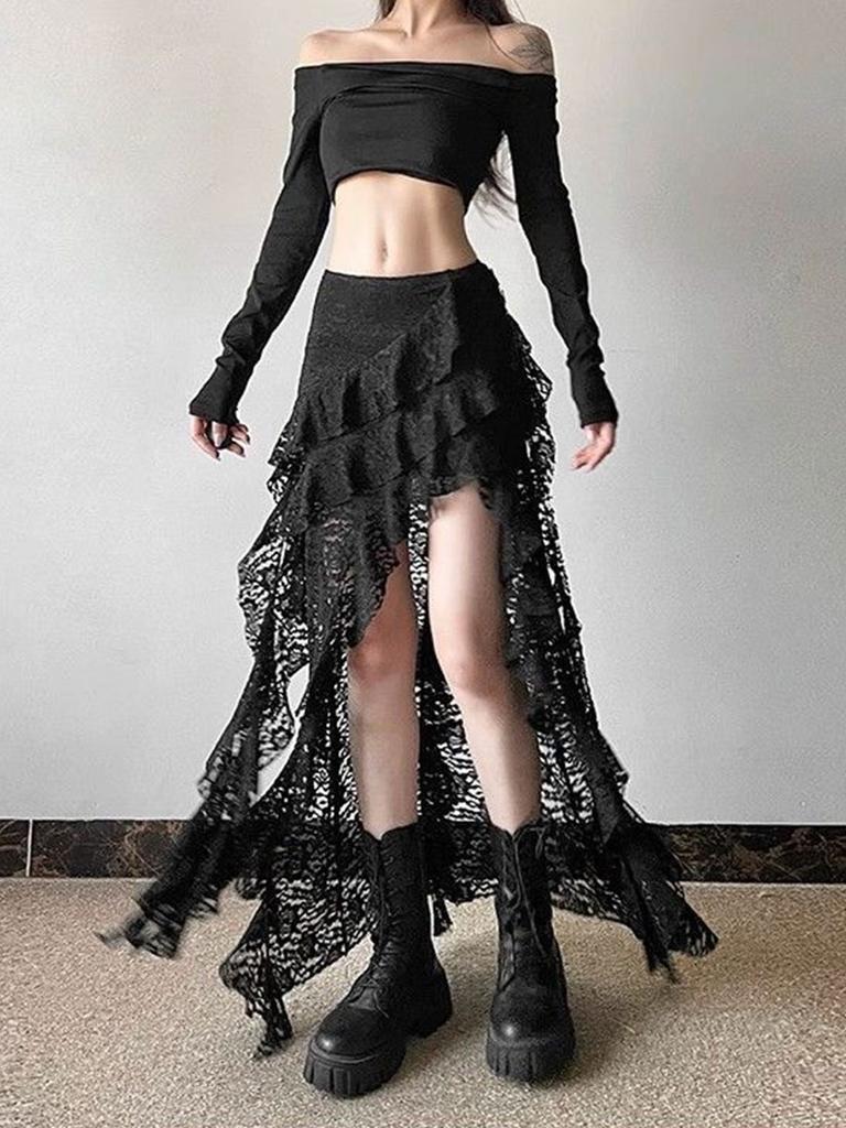 Women's Lace Spliced Skirts Black High Waist Ruffle Irregular Long Skirt Gothic Style Streetwear Summer