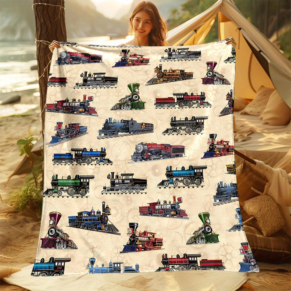 Three-Dimensional Steam Train Print Art Blanket - Soft All-Season Multi-Purpose Throw for Sofa, Bed, Travel, Office & Gift