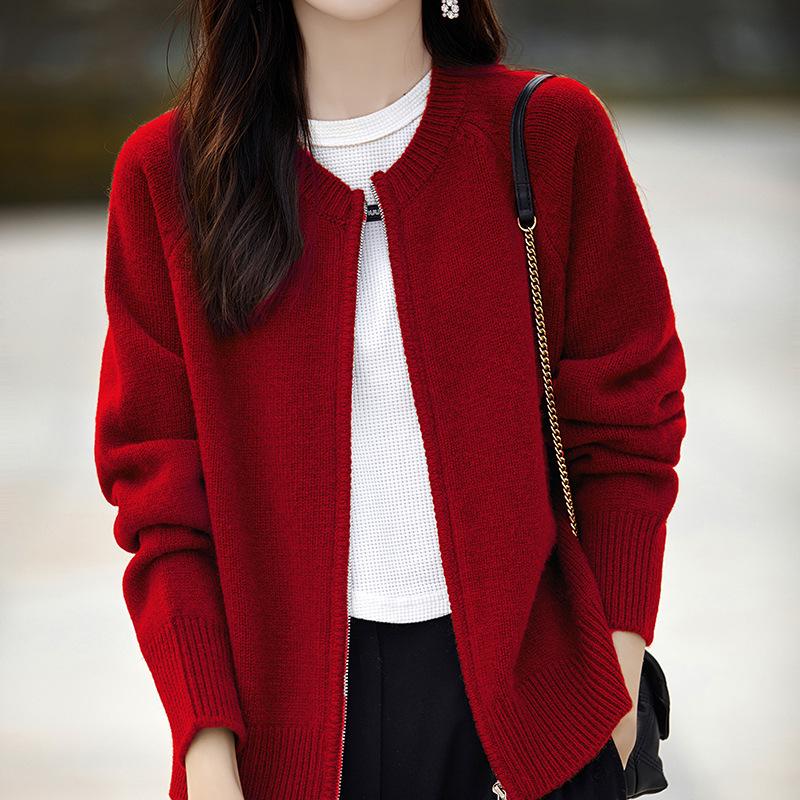 Women's Round Neck Double Zipper Thick Knit Cardigan Sweater, Loose Fit, Japanese Korean Casual Style