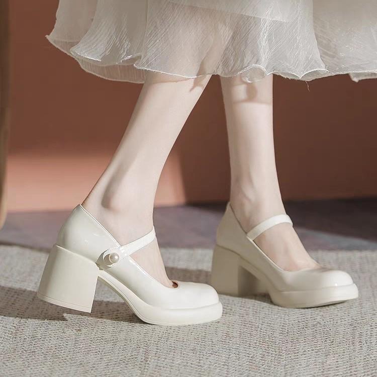 The Treasure of the Town Store~ Cowhide Mary Jane Shoes Thick Heel Single Shoes Women's 2024 Early Spring New High Heels Shallow Fairy Shoes
