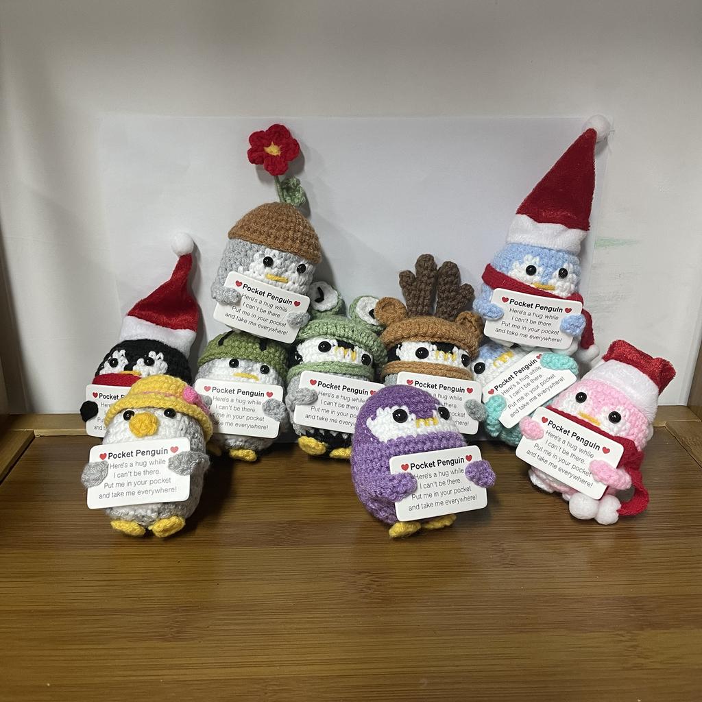 Funny Crochet Flower Penguin Doll Decoration Desk Accessories Kawaii Positive Energy Pengniu Doll Home Room Decor Christmas Gift
