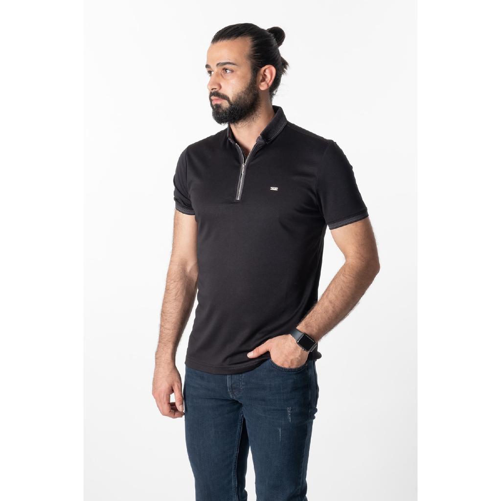 Tricou negru premium cu fermoar cu gât polo pentru bărbați
