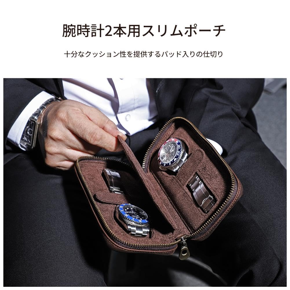 Contact's Family Genuine Leather Watch Case for 2 Watches, Portable Dustproof Travel Watch Case with Double Zipper Design