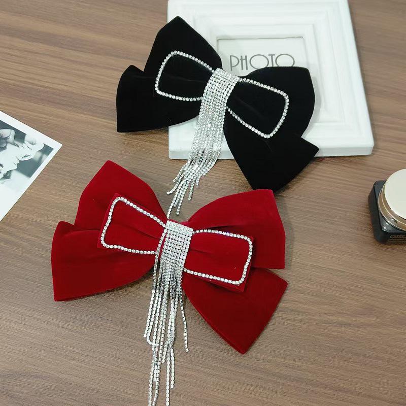 Korean Velvet Rhinestone Bow Tassel Hair Clip for Brides