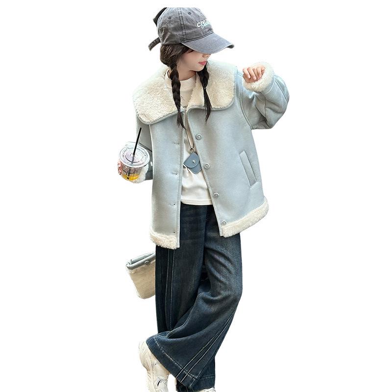 2025 Girls' Fleece-Lined Lambswool Coat - Autumn/Winter Fuzzy Sweater Style