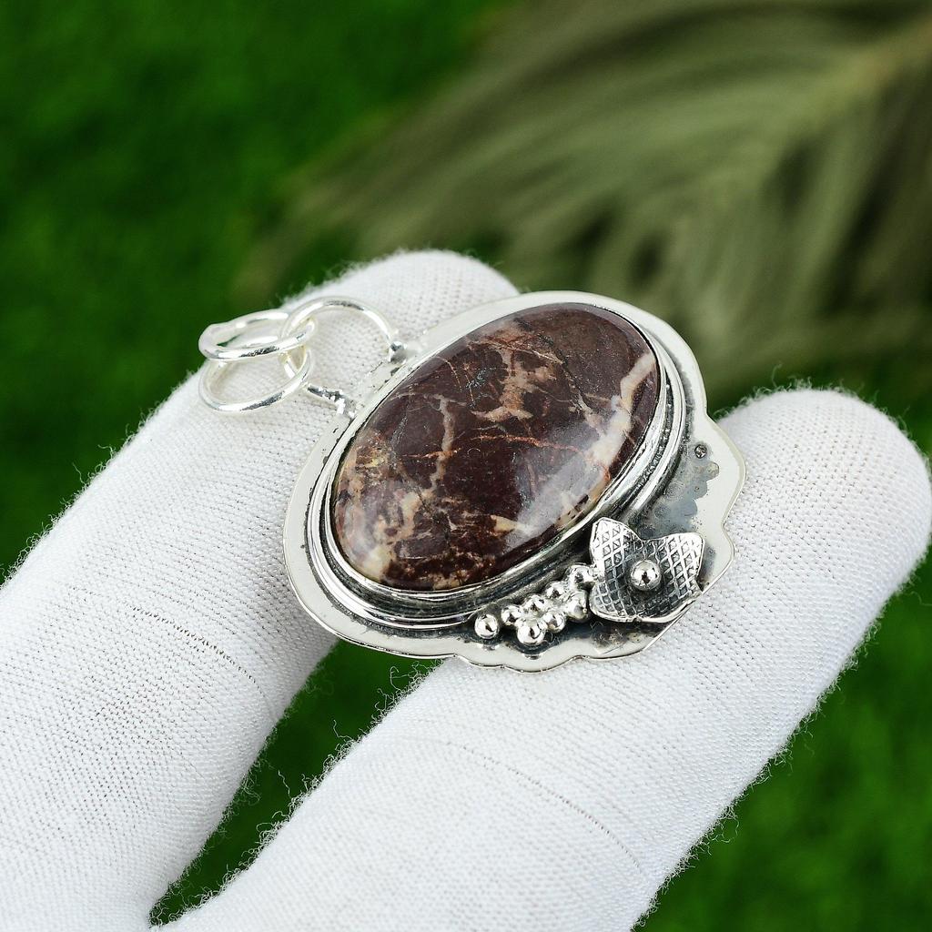 925 Sterling Silver Oval Coconut Jasper Gemstone Daughter Ethnic Wedding Pendant