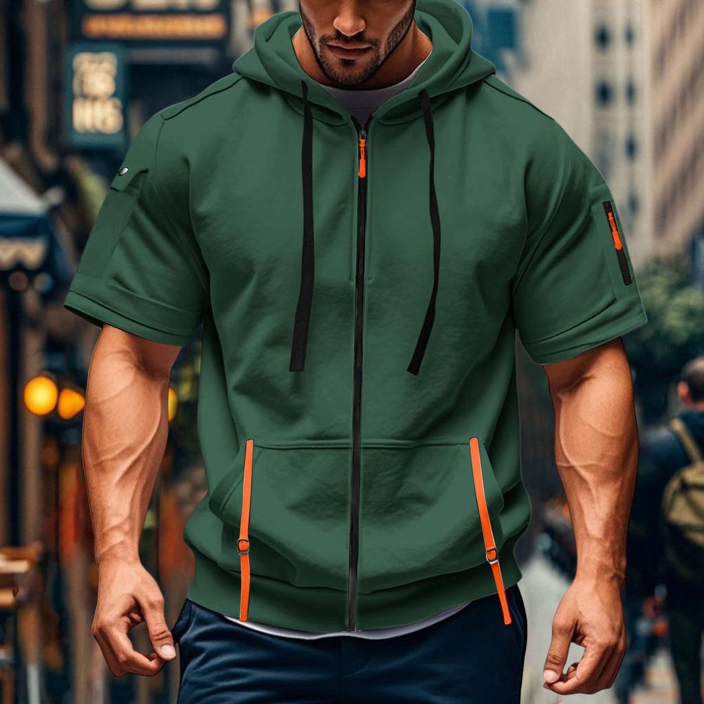 Men's Casual Short-sleeved Sweatshirt. Loose And Breathable Solid-color Sweatshirt Jacket With Multiple Pockets And A Zipper.