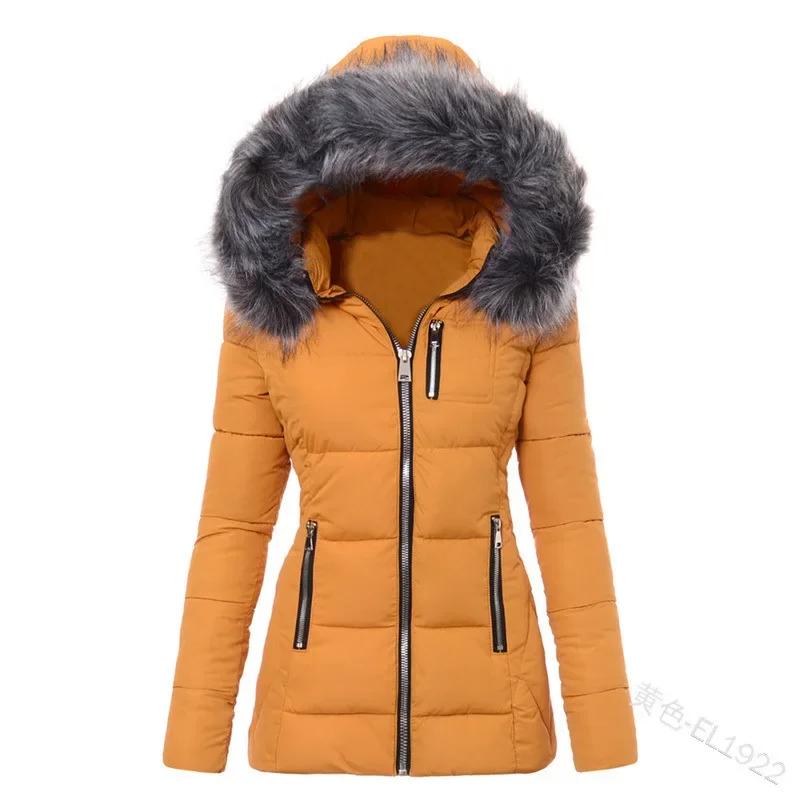 Women Winter Warm Wool Collar Cotton Coat Womens Zipper Long Sleeve Slim Fit Hooded Cotton Coat