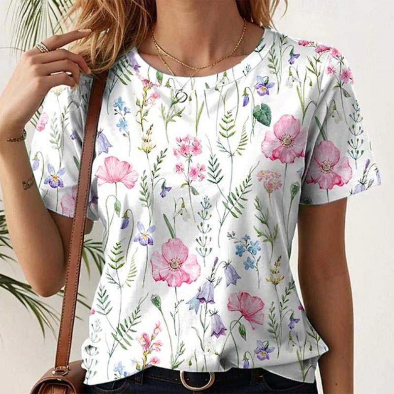 Summer Women's Fashionable Short Sleeve T-Shirts 3d Flower Print Round Neck Pullovers Loose Casual Tops Trendy Women Clothing