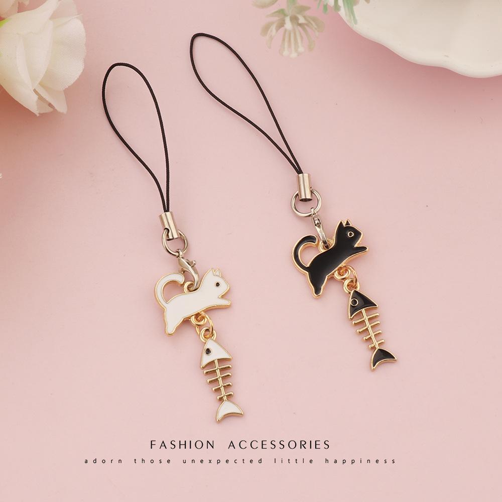 Cute Cat and Fishbone Couple Phone Lanyard, Matching Phone Pendant Strap, Cat Fishbone Couple Phone Case Chain Pendant for Boys and Girls