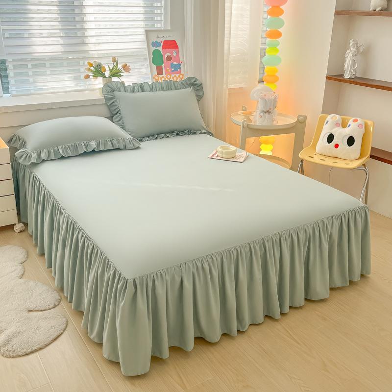 Solid Color Ruffle Hem Bed Skirt Full Size Princess Style Bedspread Decorative Floral Lace Trim