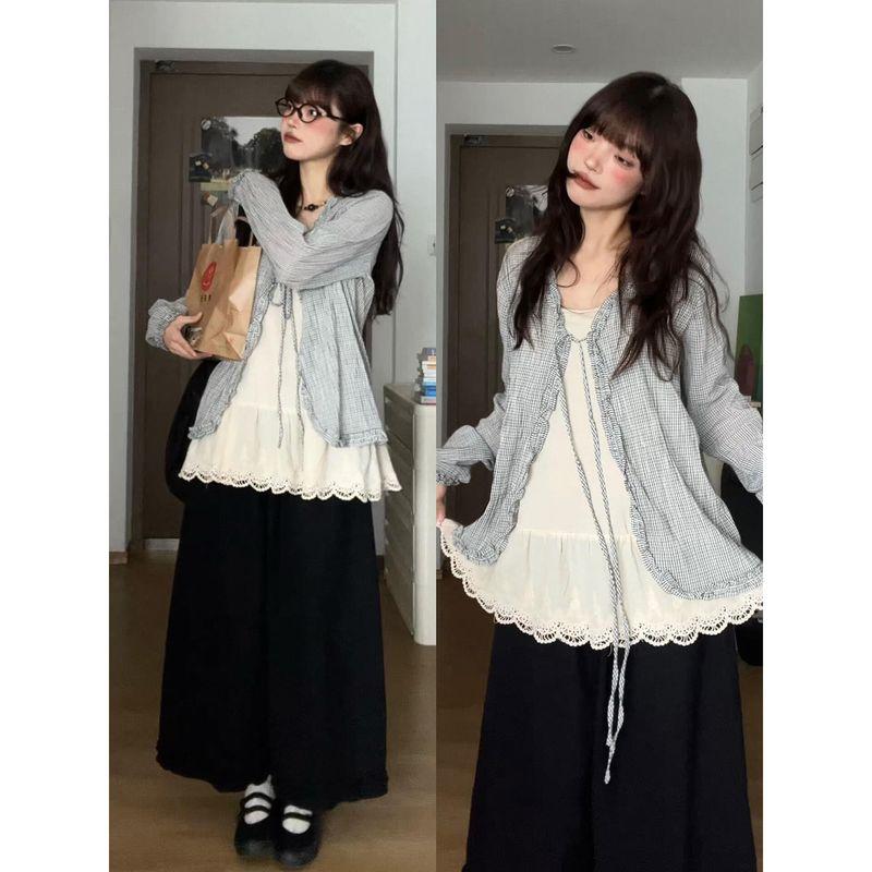 

American vintage Artistic Plaid Wooden Ear Lace-up Sun Protection Cover up Women Summer Design Sense All-Matching Long sleeve Top Fashion Image color M