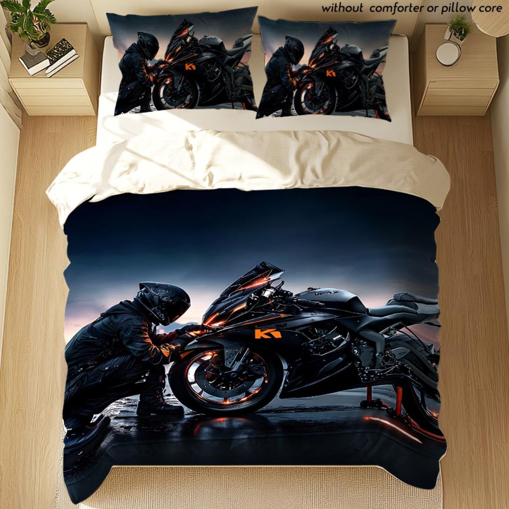 2/3Pcs Wild Style Black Orange Motorcycle Pattern Duvet Cover Set, Multicolor HD Print Coreless Bedding with Pillowcases, Soft C
