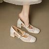 Great Good To Wear French Single Shoes Women's Spring and Summer Hollow Woven Square Head Medium Heel Thick Heel Leather Beige Sandals Women