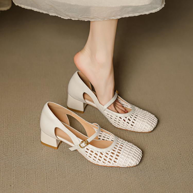 Great Good To Wear French Single Shoes Women's Spring and Summer Hollow Woven Square Head Medium Heel Thick Heel Leather Beige Sandals Women