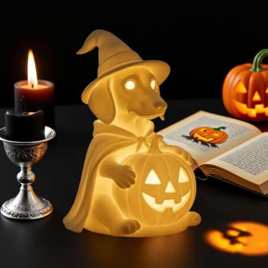 Dachshund Ghost Lamp Halloween Glowing Ghost Dog Lamp Cute Dog Pumpkin Statue Night Light for Home Bedroom Shelf Table Centerpiece