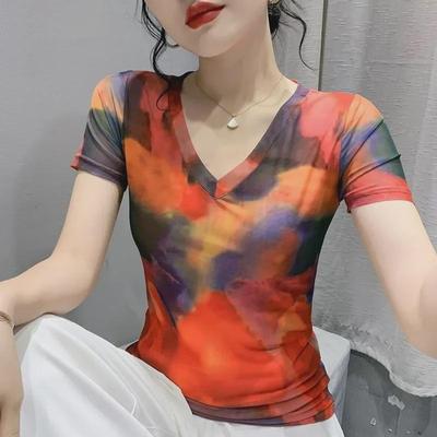 European Ombre V-Neck Slimming Mesh T-Shirt for Women - Summer 2025 Design Fashion Short Sleeve Blouse