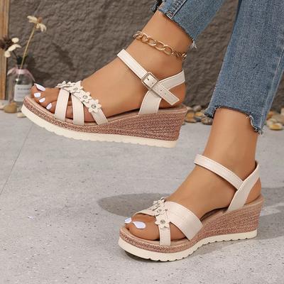 Blumendekoration Damen Keilsandalen Sommer 2025 Leichte Knöchelriemen Plateau Sandalen Damen Komfort Rutschfest Strandschuhe