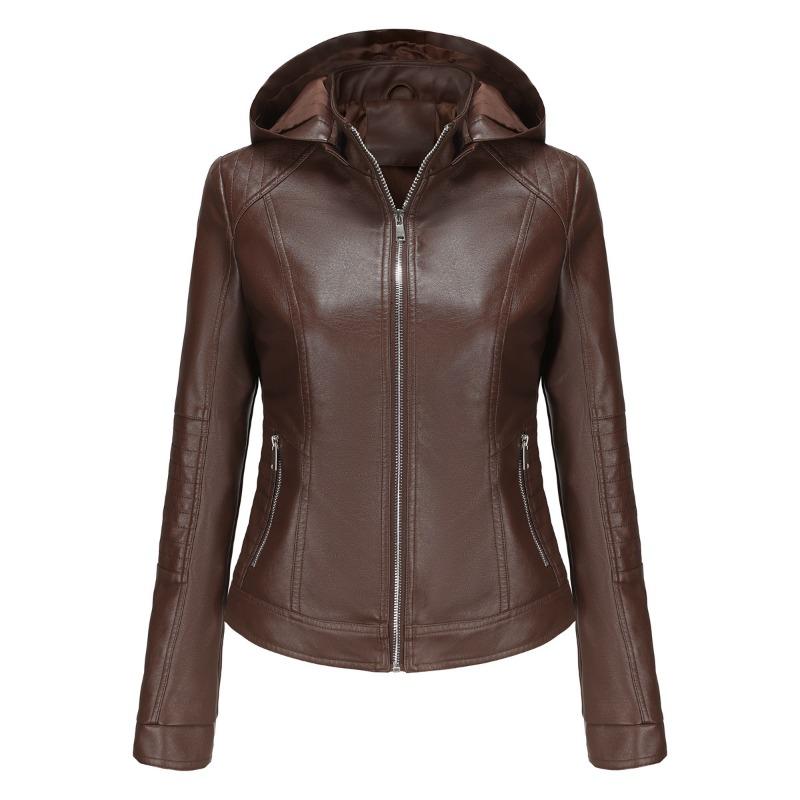 Women's Spring and Autumn Hooded Leather Jacket Women's Removable Hat Windproof Jacket Short Casual Jacket