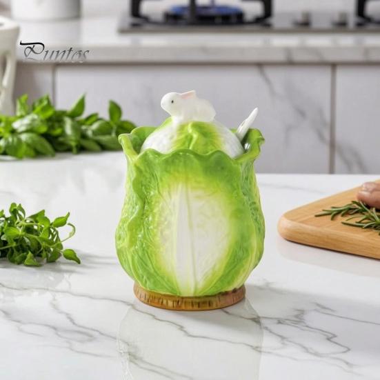 Household Seasoning Organizer Ceramic Cabbage Shaped Lard Jar with Lid Spoon, 350ml Kitchen Sealed Condiment Storage Pot Container, Multi Purpose for