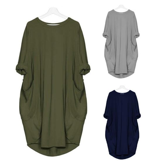 Women Casual Solid Color O Neck Long Sleeve Pockets Knee-length Baggy Dress