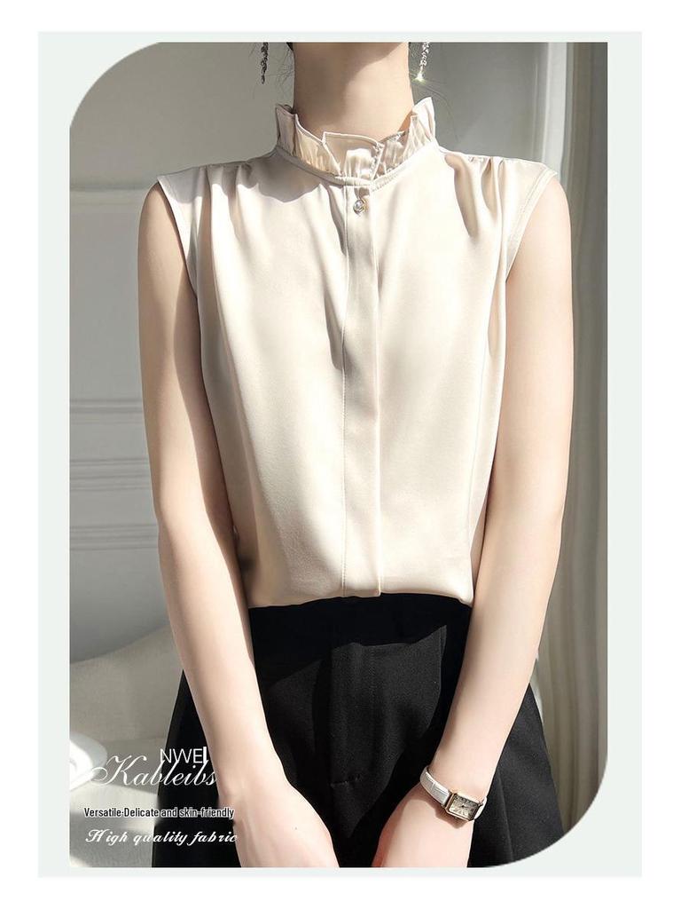 Silky Lotus Leaf Lace Collar Sleeveless Top for Women - Spring/Summer Fashion Layering Essential