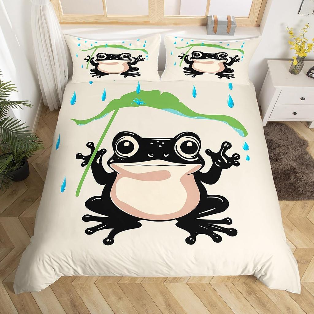 Kawaii Frog Duvet Cover Cute Frog Bedding Set For Boys Girl Blossom Flowers Floral Comforter Cover Cartoon Farm Animal Bed Cover