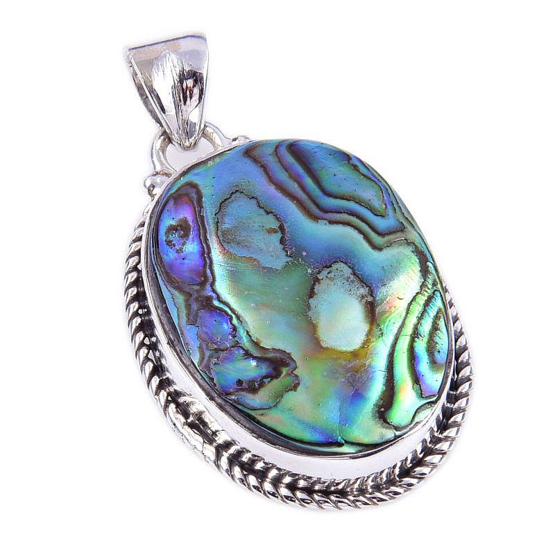 Natural Abalone Shell Gemstone 925 Solid Sterling Silver Gift Pendant 1.50" Q4m32