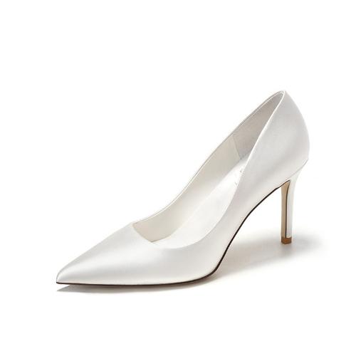 White High Heels Wedding Shoes for Bride Satin Pointed Toe Champagne Bridesmaid Dress Shoes